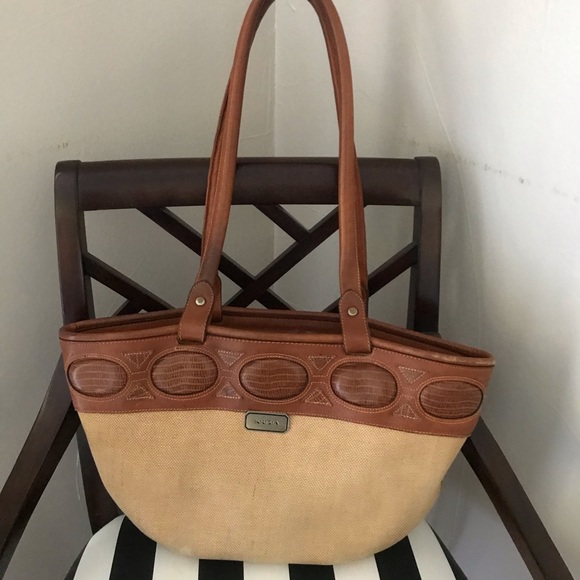 KRIZIA tan leather and beige canvas large bag - Picture 1 of 8